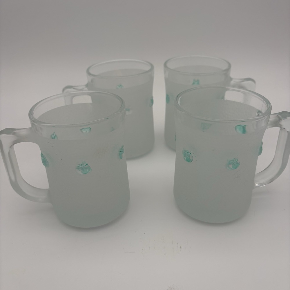 Vintage KIG Malaysia Frosted Glass Mugs Green Embossed Fruit Applique Set of 4